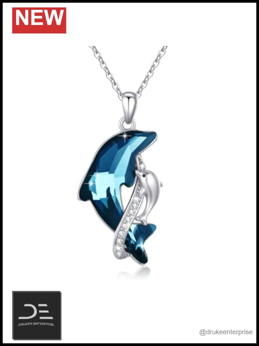 925 Sterling Silver Dolphin Pendant Blue Crystal Necklace, Ocean Jewelry for